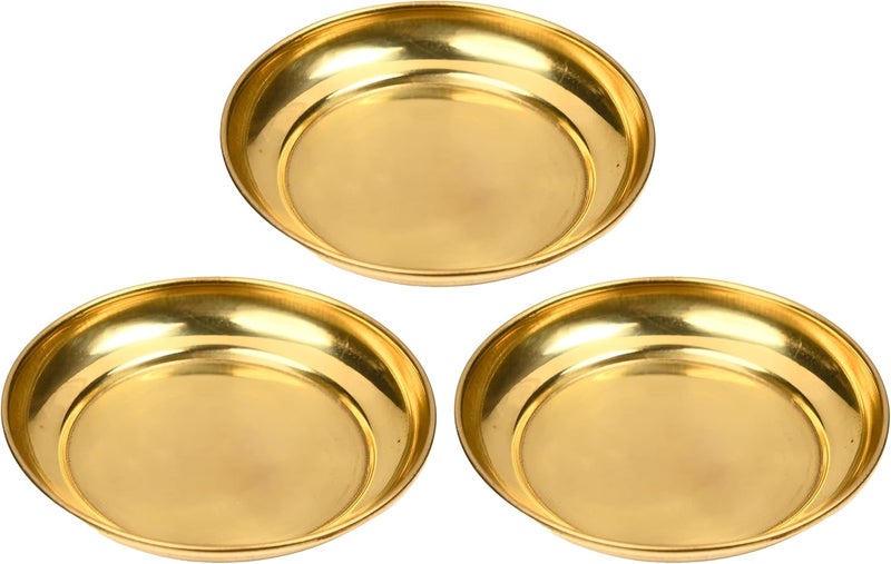 Aditri Creation مجموعة من 3 أطباق زخرفية صغيرة من النحاس، زينة مهرجان رأس السنة الهندية، طبق برساد كاتوري للعبادة، أدوات العبادة (الحجم 4" قطر) - Image 1